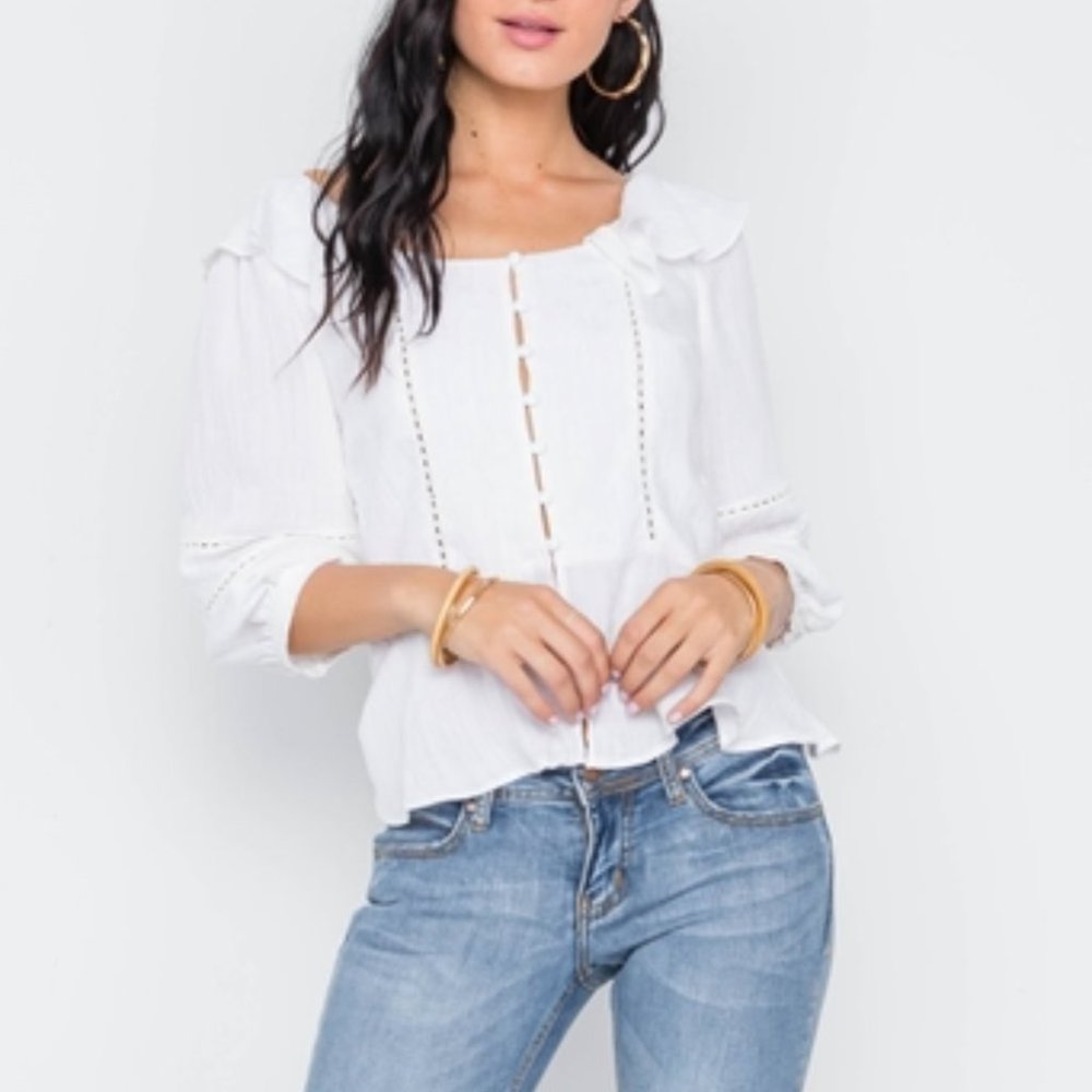 White Crochet Trim Button Down Boho Top - Picture 2 of 4